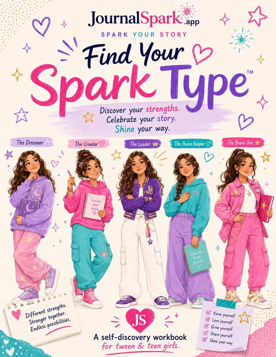 Find Your Spark Type workbook cover showing the five Spark Types: The Dreamer, The Creator, The Leader, The Peace Keeper and The Brave One